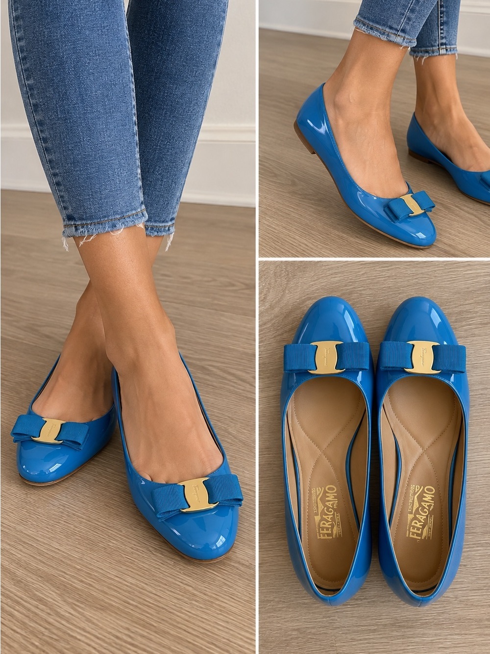 Salvatore Ferragamo Blue Patent Leather Varina Bow Flats Shoes 6C